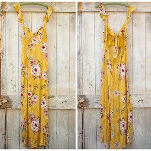 Timing Mustard Floral Open-Back Maxi Dress